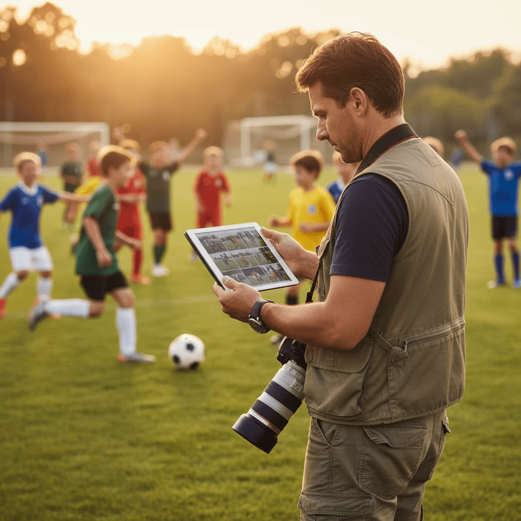 Photographer reviewing photos on iPad at a youth event